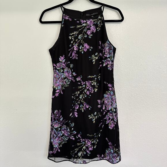 White House Black Market Floral Sequins Purple High Neck Cocktail Mini Dress 2 - Picture 1 of 9